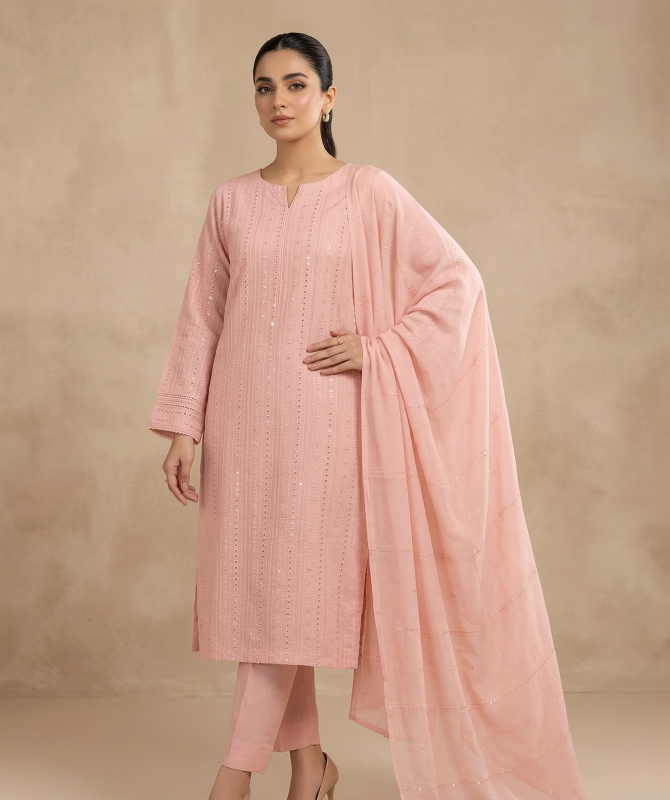 Premium Peach Pink 3-Piece Pure Embroidered Lawn Suit With Matching Safon Dupatta & Plain Trouser
