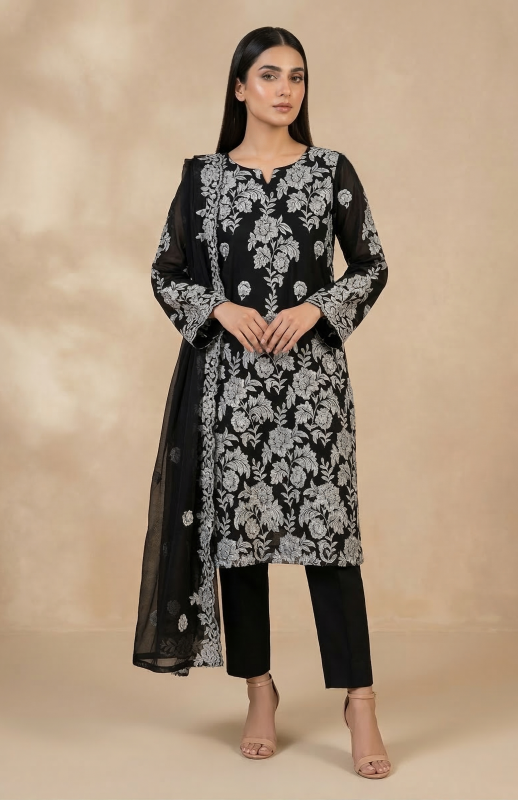 Premium Black 3-Piece Pure Embroidered Lawn Suit With Matching Safon Dupatta & Plain Trouser