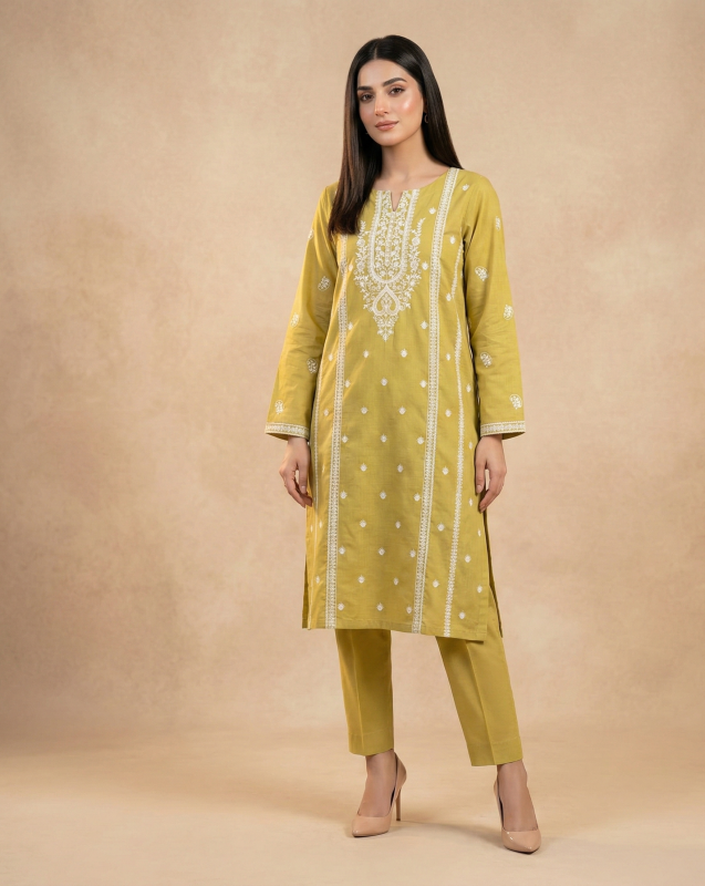 Olive Yellow Embroidered Lawn 2-Piece Suit