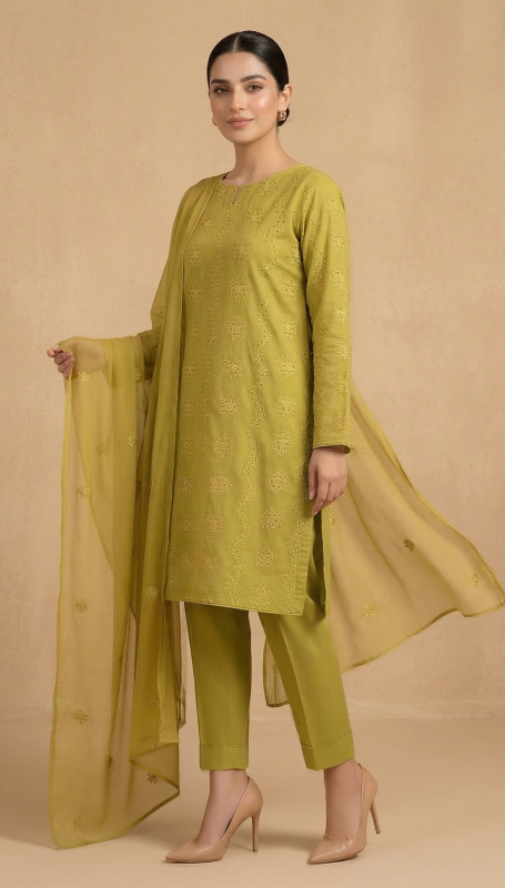 Premium Lime Yellow 3-Piece Pure Embroidered Lawn Suit With Matching Safon Dupatta & Plain Trouser