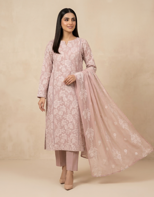 Premium Dusty Pink 3-Piece Pure Embroidered Lawn Suit With Matching Safon Dupatta & Plain Trouser