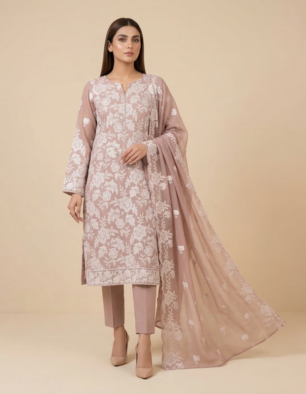 Premium Mauve 3-Piece Pure Embroidered Lawn Suit With Matching Safon Dupatta & Plain Trouser