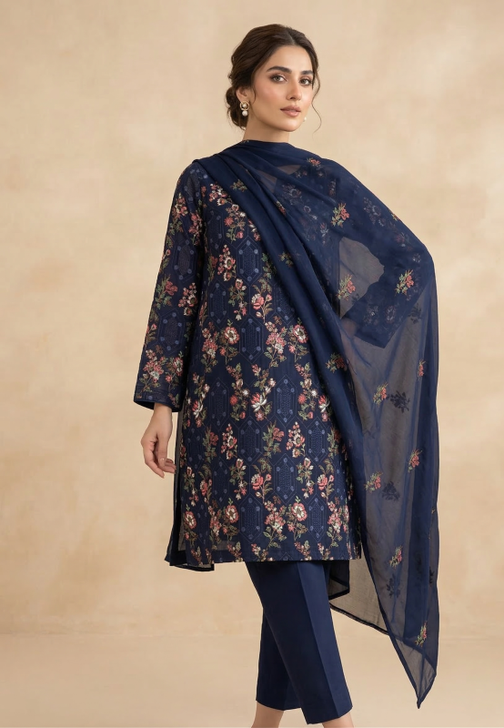 Premium Navy Blue 3-Piece Pure Embroidered Lawn Suit With Matching Safon Dupatta & Plain Trouser