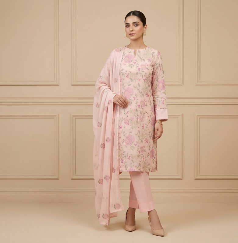 Premium Powder Pink 3-Piece Pure Embroidered Lawn Suit With Matching Safon Dupatta & Plain Trouser