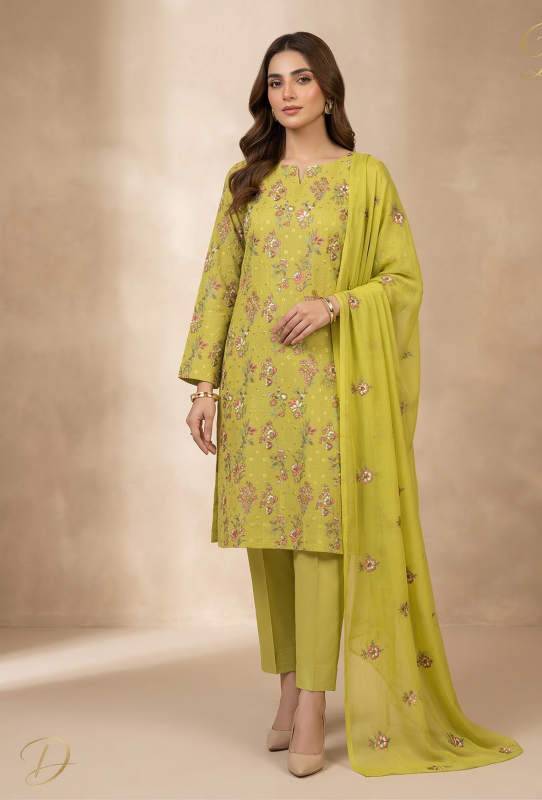 Premium Lime Green 3-Piece Pure Embroidered Lawn Suit With Matching Safon Dupatta & Plain Trouser