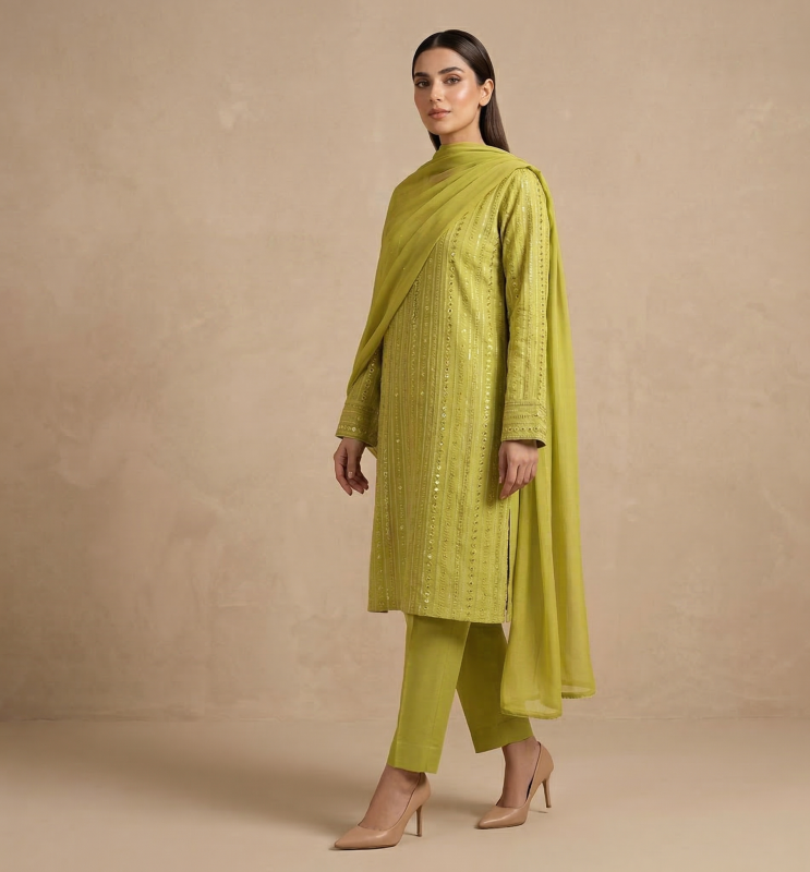 Premium Vibrant Chartreuse 3-Piece Pure Embroidered Lawn Suit With Matching Safon Dupatta & Plain Trouser