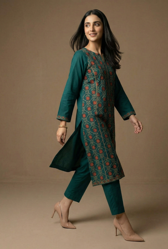 Rich Emerald Green Embroidered Lawn 2-Piece Suit
